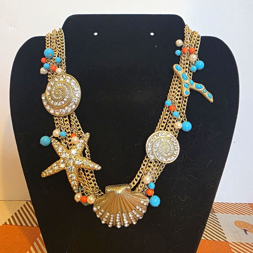 Gold Tone Coastal Statement Necklace Turquoise Coral Shell Starfish Nautical